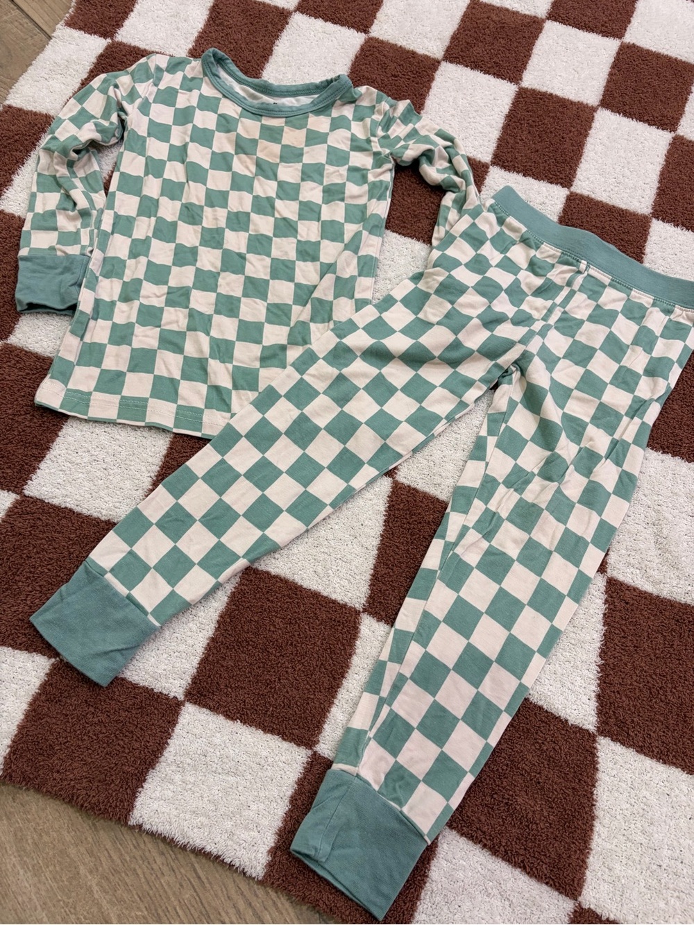 Kids Checkerboard Green and Cream Pajama Set